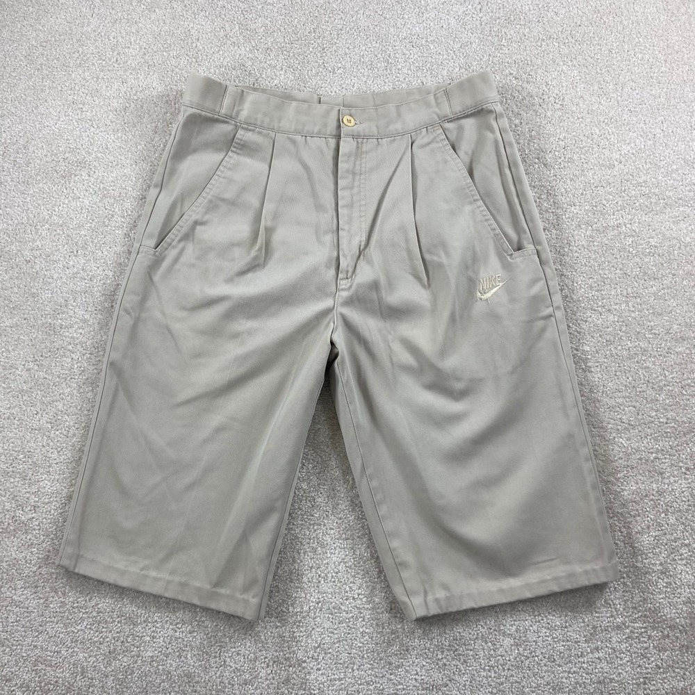 Vintage Nike Pleated Chino Shorts Mens 30 Tan Khaki Embroidered‎ Logo Longline